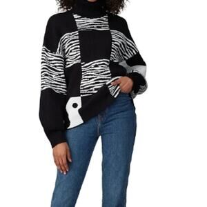 Staud Zedd black white Oversized colorblock zebra knit turtleneck sweater xs
